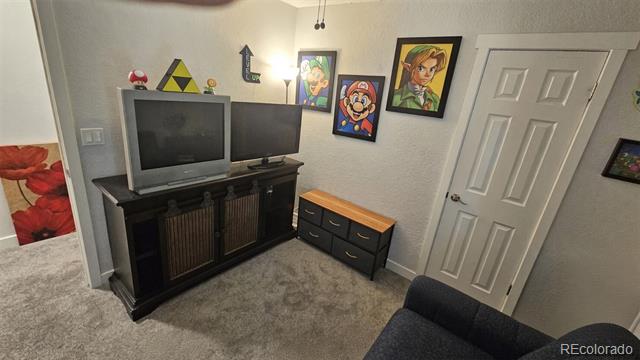 Furnished media room with a CRT television, framed video game art, and a dark sofa.