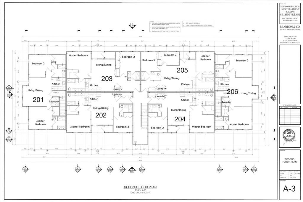 Second-floor apartment plan showing units 201–206, with bedrooms, kitchens, living areas, and laundry rooms.