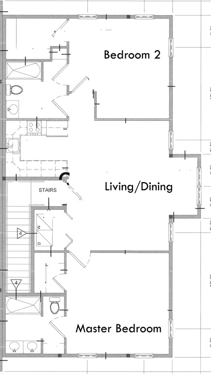 Floor plan with two bedrooms, a living/dining area, kitchen, bathrooms, and stairs.
