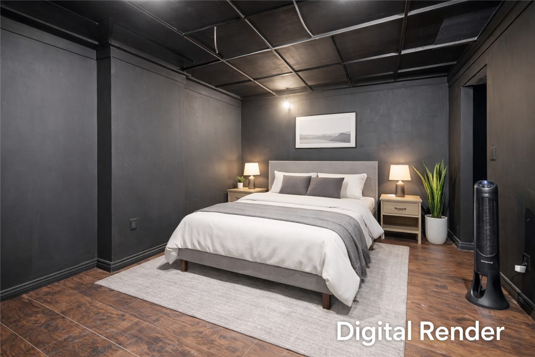 Rendered bedroom with a gray bed, white bedding, dark walls, and exposed ceiling.