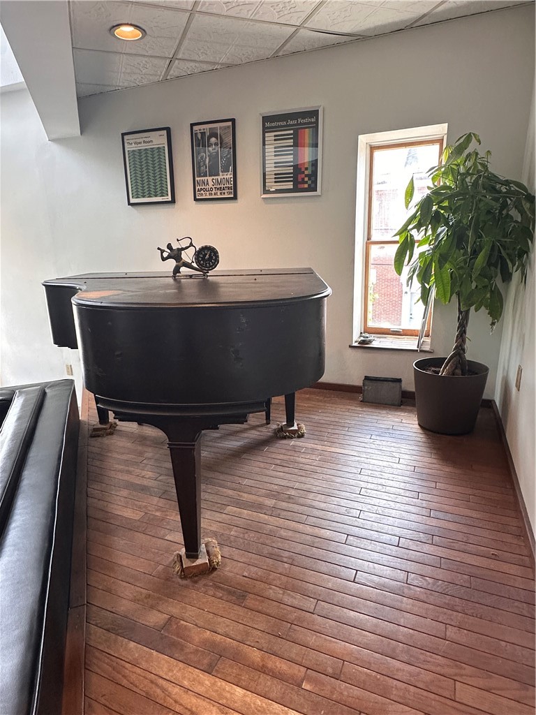 Music room with a black grand piano, hardwood floors, framed posters, and a potted tree.