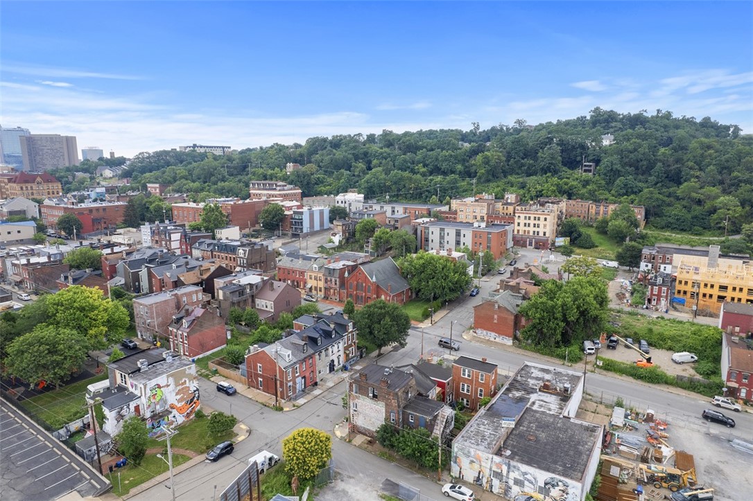 Aerial view of an urban neighborhood with a wooded hillside and distant downtown buildings.