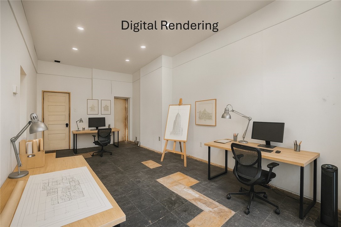 Rendered office with two workstations, drafting plans, and architectural drawings.