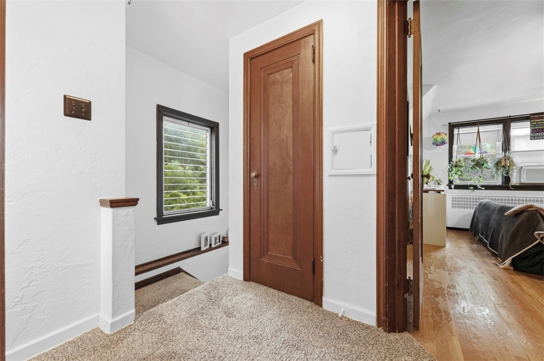 Carpeted hallway with a wooden door and window, looking into a hardwood-floored room.