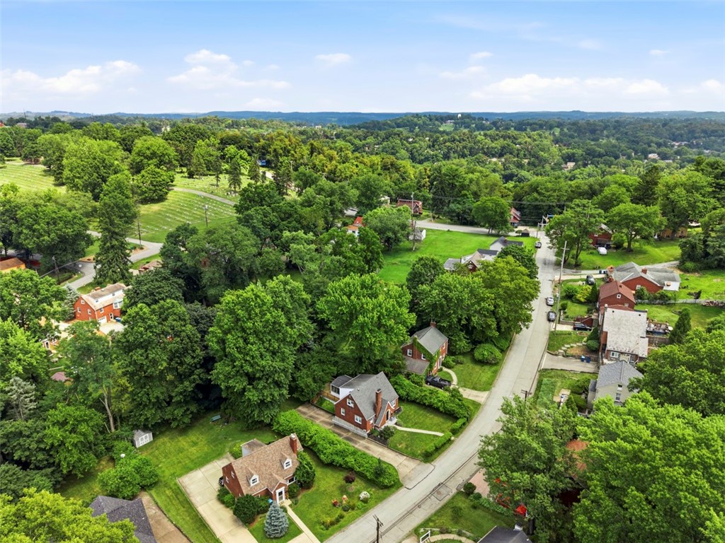 Aerial view of a leafy neighborhood with detached homes and tree-lined streets.