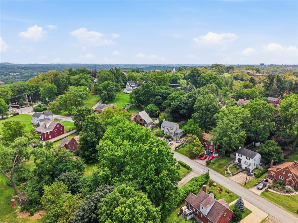 Aerial view of a leafy neighborhood with detached homes and mature trees.