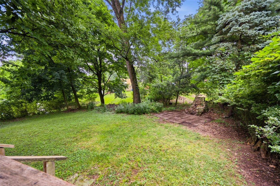Leafy backyard with a green lawn, mature trees, and a small stone patio.