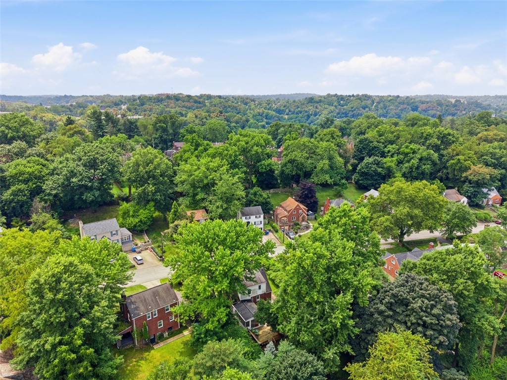 Aerial view of tree-lined homes and wooded hills in a residential neighborhood.