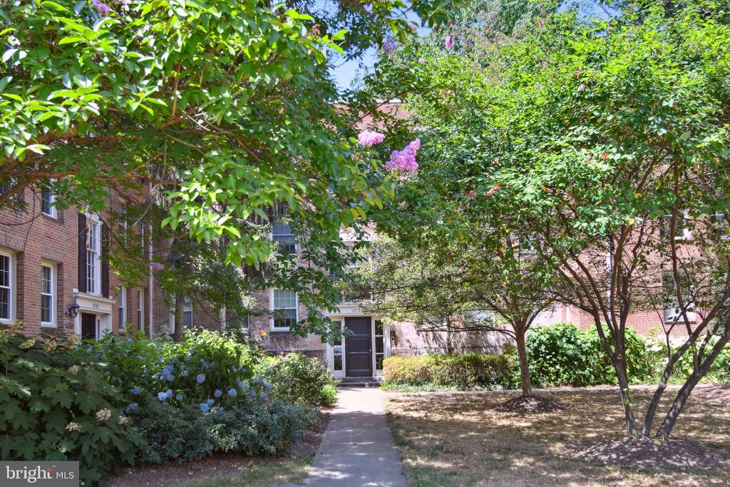 Brick building entrance reached by a walkway beneath leafy trees and flowering shrubs.