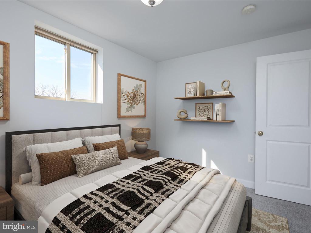 Furnished bedroom with a high window, botanical art, floating shelves, and a black-and-cream bed throw.