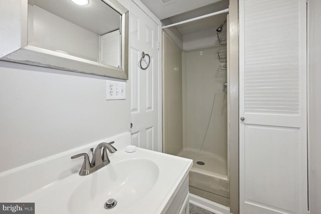 Bathroom with a white vanity, large wall mirror, and walk-in shower.