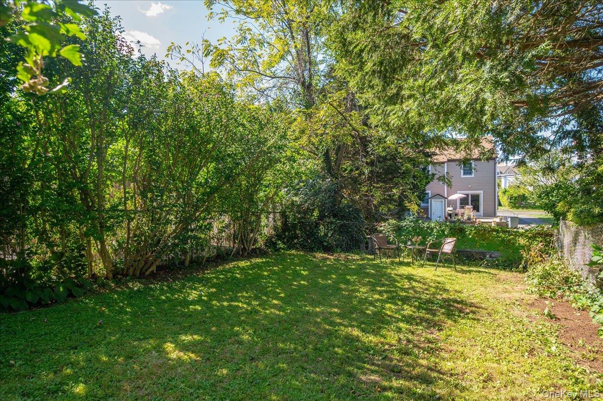 Backyard lawn shaded by mature trees, with two patio chairs and the rear of a two-story house.