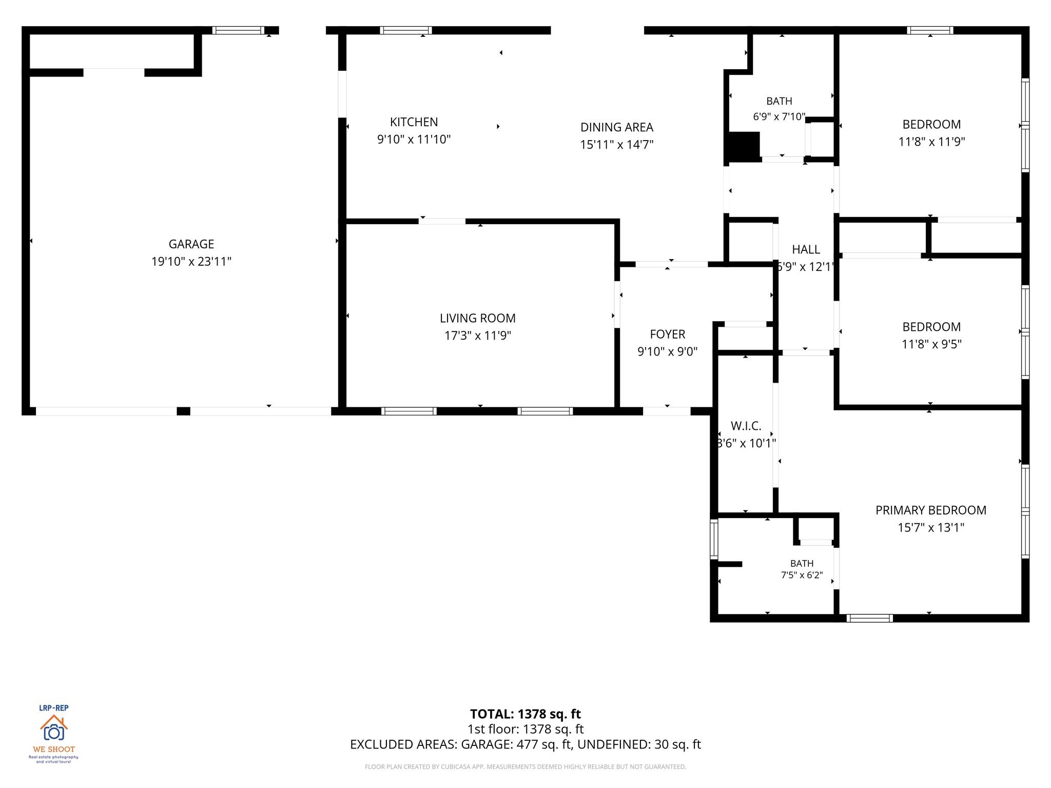 Floor plan showing a 1,378-square-foot home with three bedrooms, two bathrooms, and a garage.