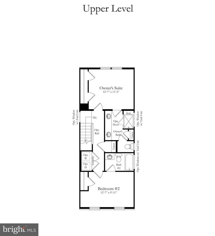 Upper-level floor plan with an owner’s suite, second bedroom, two baths, and laundry.