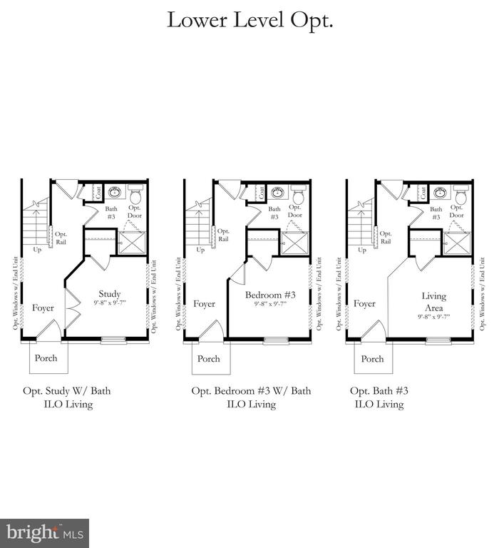 Lower-level floor plan showing three optional layouts: study, bedroom, or bath in place of the living area.