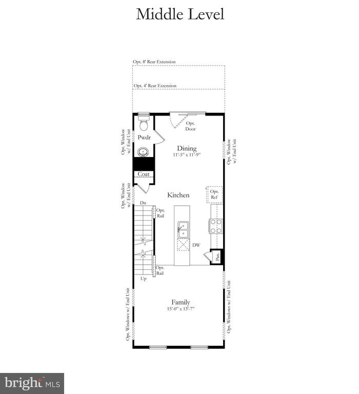 Middle-level floor plan showing dining, kitchen, family room, powder room, and stairs.