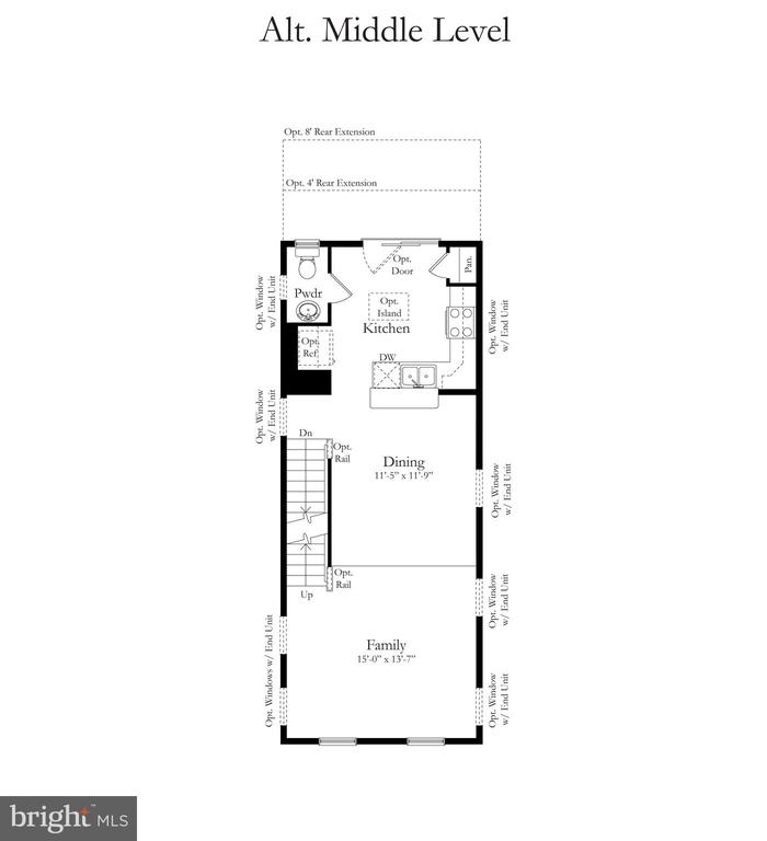Middle-level floor plan showing a kitchen, dining area, family room, powder room, and stairs.