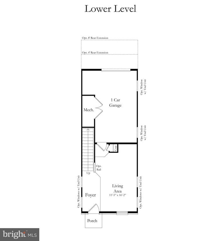 Lower-level floor plan with a one-car garage, foyer, living area, stairs, and front porch.