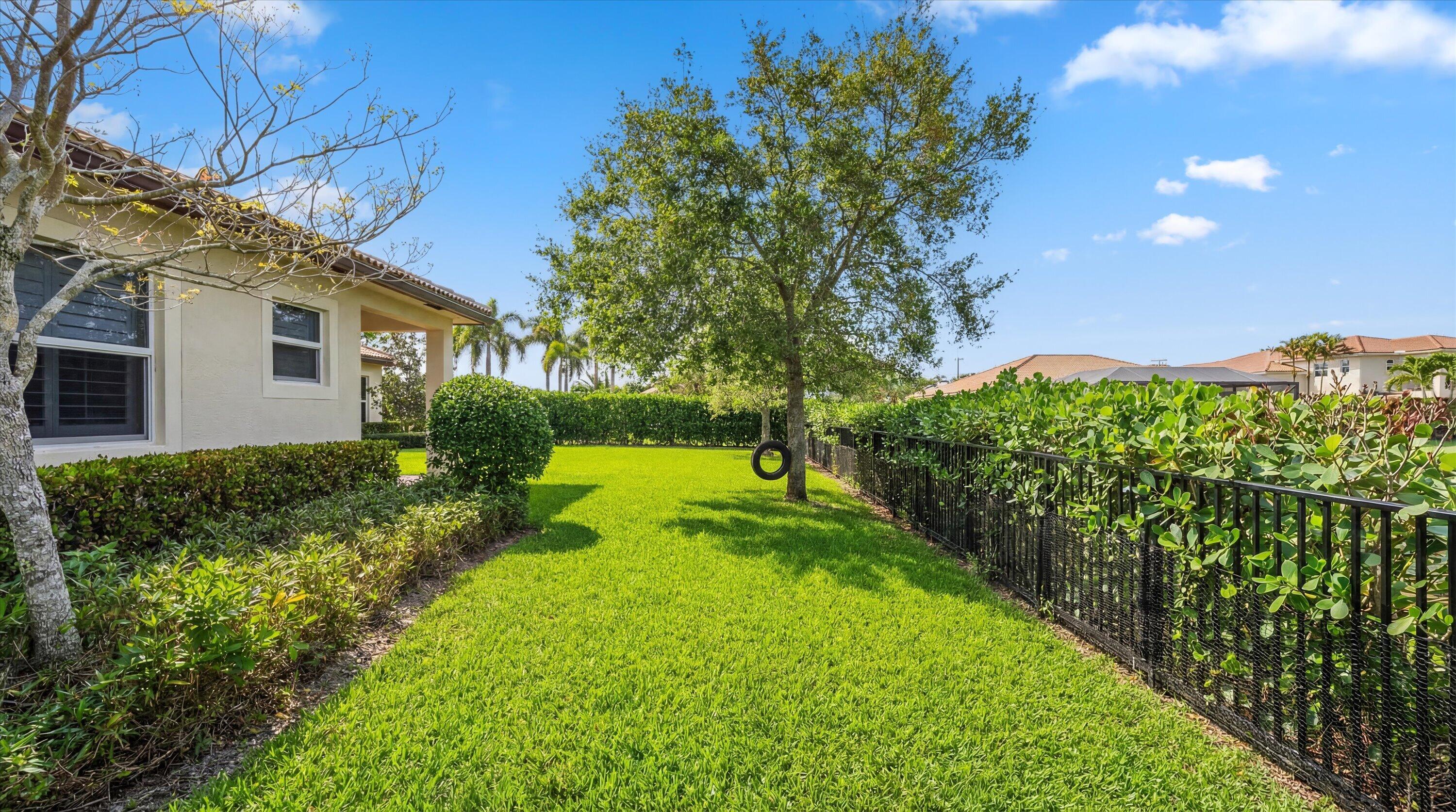 Side yard with a broad lawn, mature tree, trimmed hedges, and black metal fence.