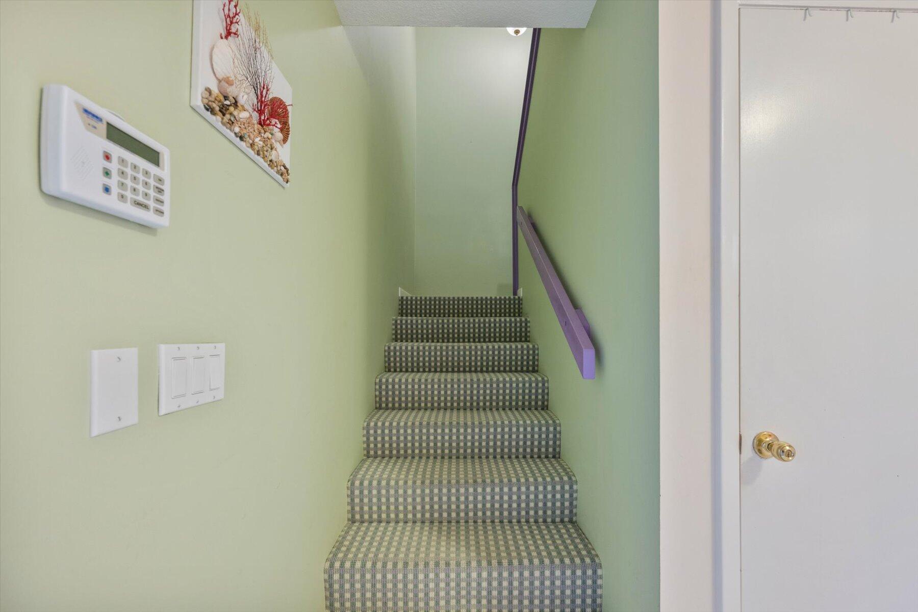Carpeted staircase with green-and-gray checks, pale green walls, and a purple handrail.