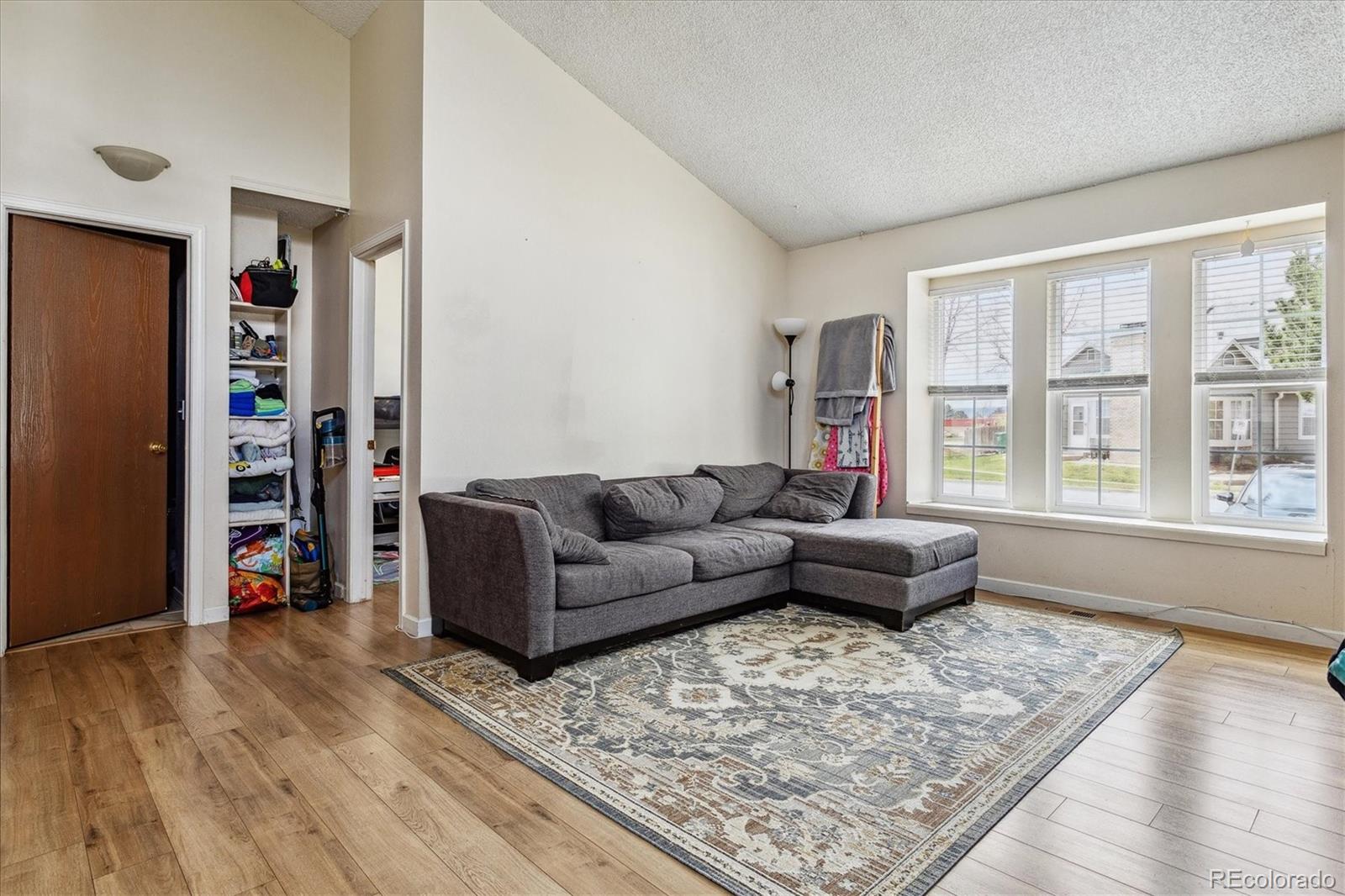 Living room with a gray sectional, patterned rug, wood-look floors, and three bright windows.