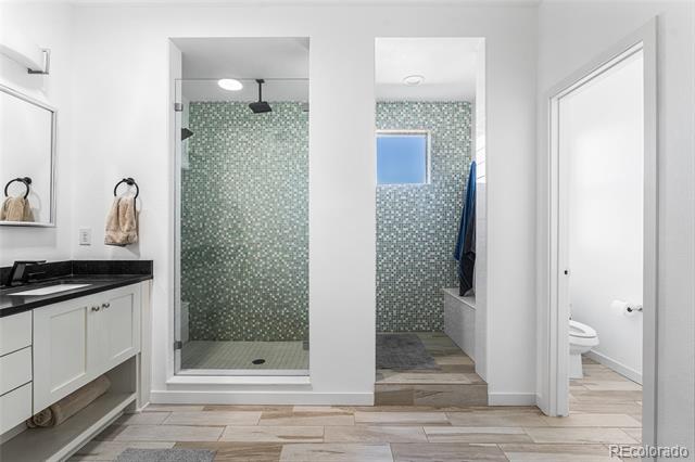 Bathroom with a white vanity, green mosaic-tile shower, and separate toilet room.