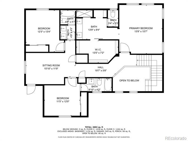 Second-floor home plan with three bedrooms, bathrooms, a sitting room, and an open-to-below area.