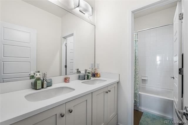 Bathroom with a long double-sink vanity and a separate tub-shower.