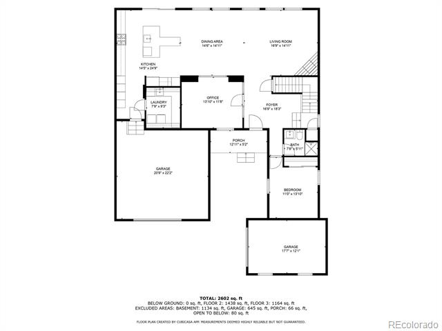 Floor plan showing the home’s rooms, porch, and two garage areas.