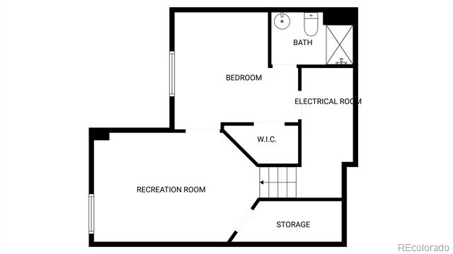 Floor plan showing a bedroom, bath, recreation room, storage, and electrical room.