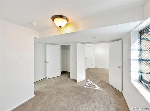 Empty carpeted bedroom with an open closet and a large window.