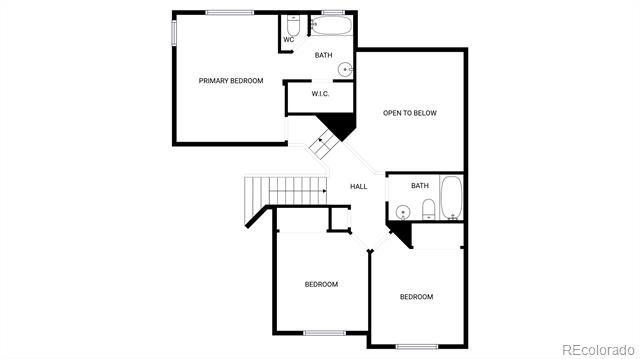 Floor plan with a primary bedroom, two additional bedrooms, bathrooms, and an open-to-below area.
