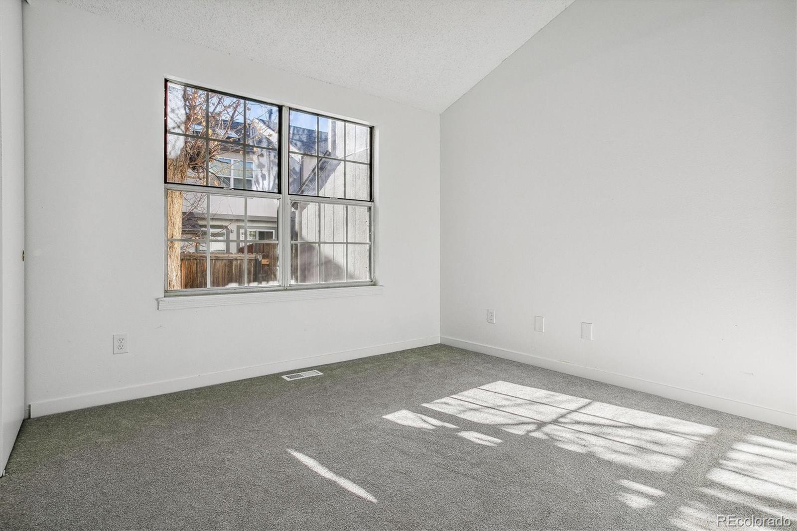 Empty carpeted room with large divided-light windows and bright sunlight on the floor.