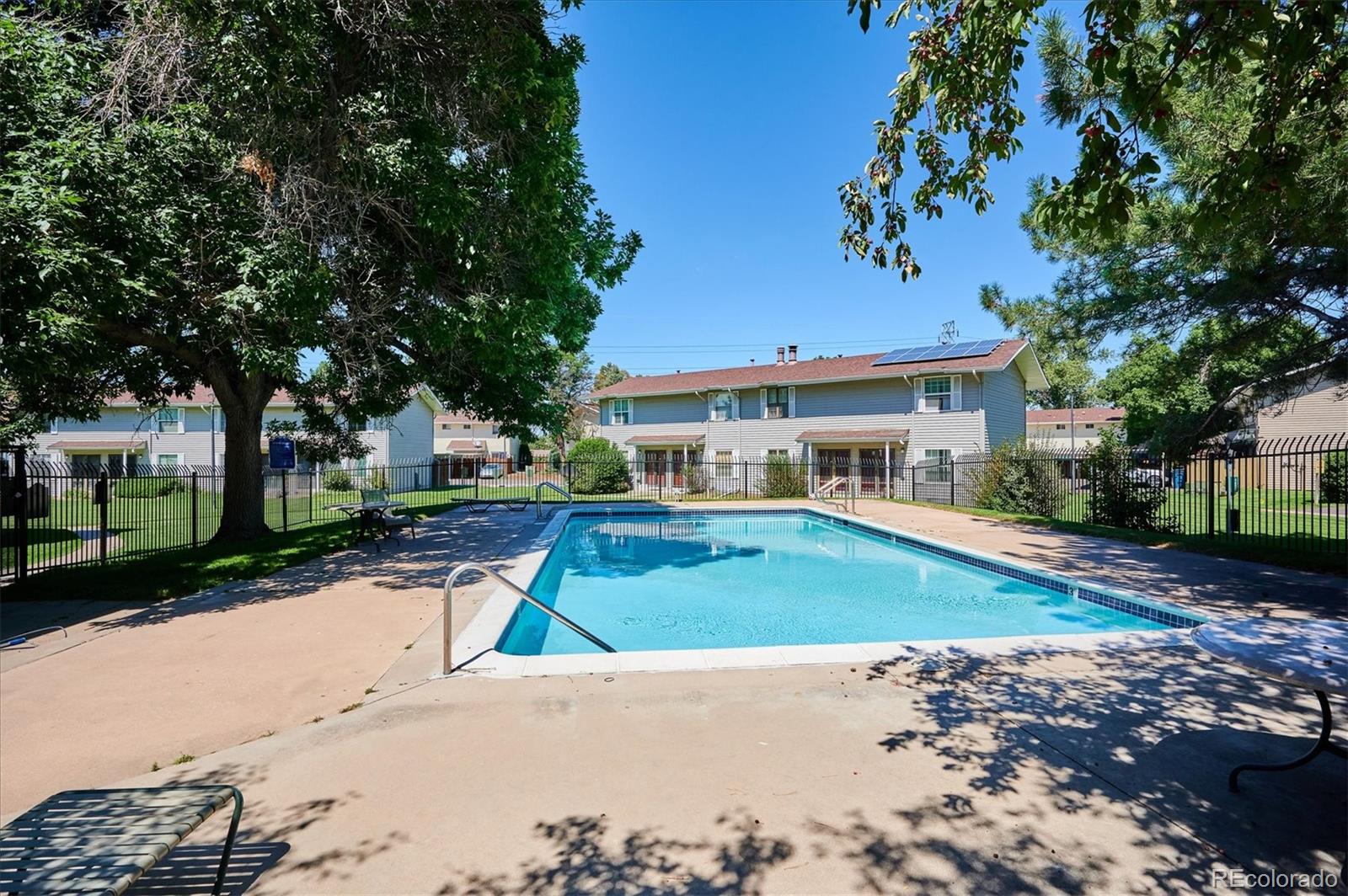 Community swimming pool in front of attached homes, shaded by mature trees.