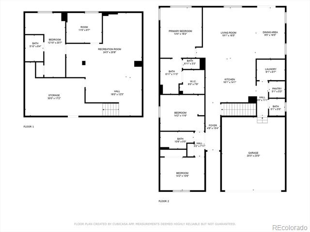 Two-level floor plan with a large recreation room downstairs and living areas, bedrooms, and garage upstairs.