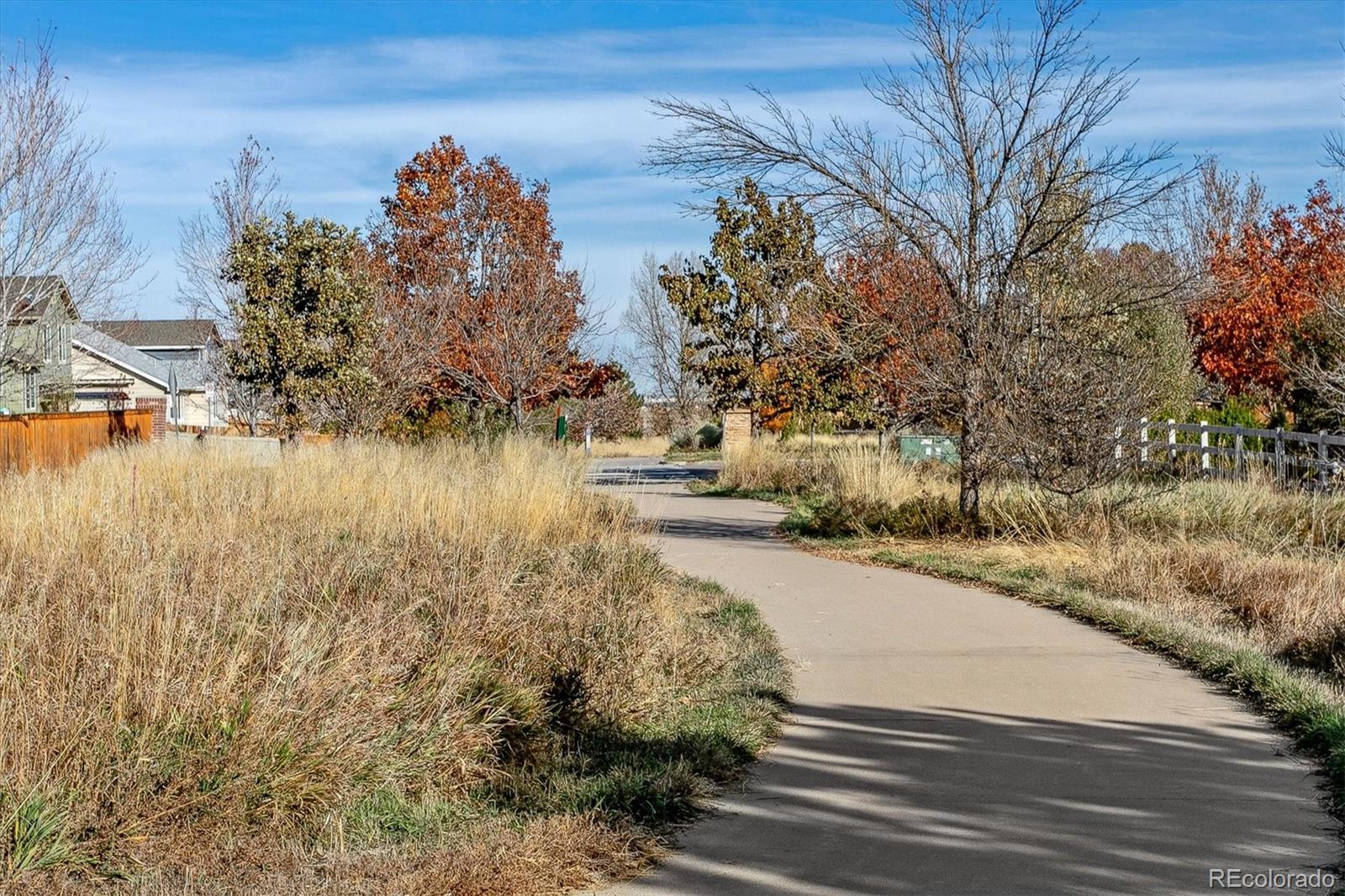 Neighborhood walking path bordered by dry grasses and autumn trees, with homes nearby.