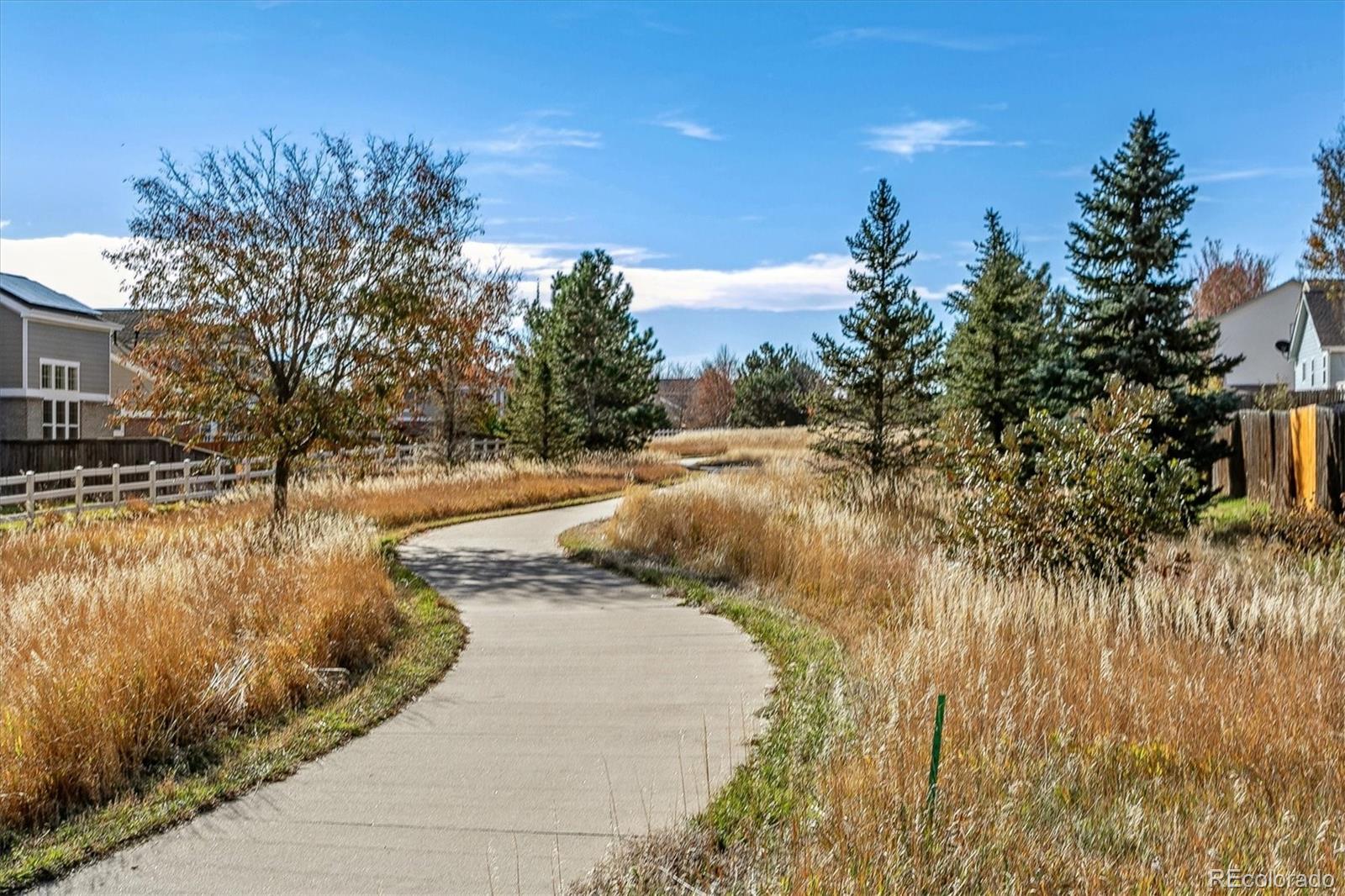 Paved neighborhood path winding through autumn grasses and trees between nearby homes.