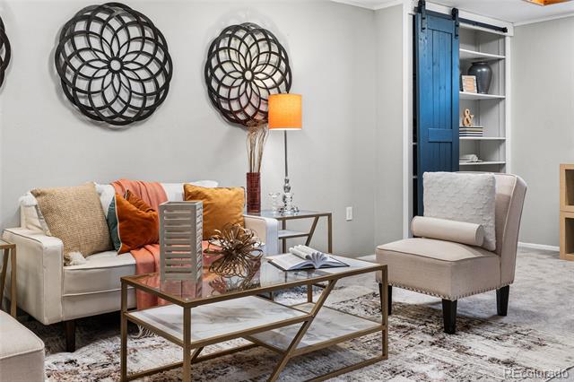 Staged living room with a light sofa, accent chair, patterned rug, and blue sliding barn door.