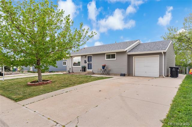 Single-story gray home with an attached garage, wide driveway, and mature front-yard tree.
