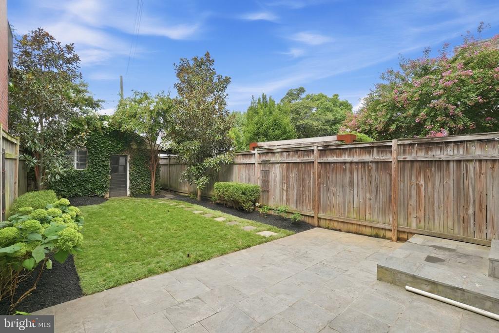 Backyard patio beside a lawn, with a wooden privacy fence and ivy-covered gate.