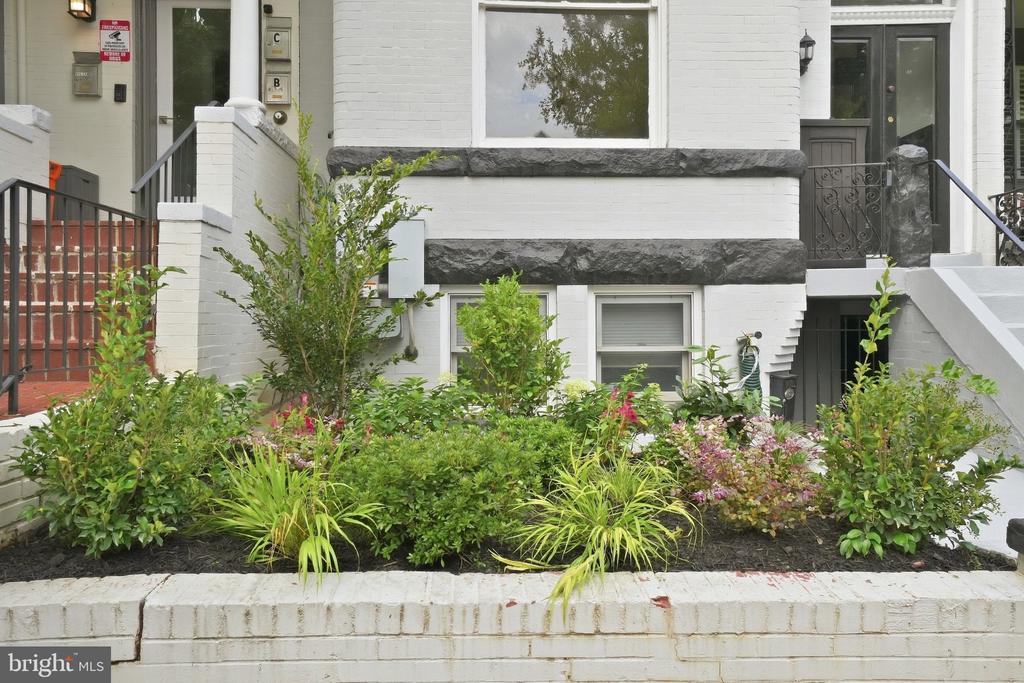 White brick residence with dark stone bands and a lush landscaped front garden.