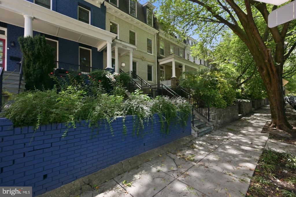Attached row houses with front stoops and a blue brick garden wall beneath mature trees.