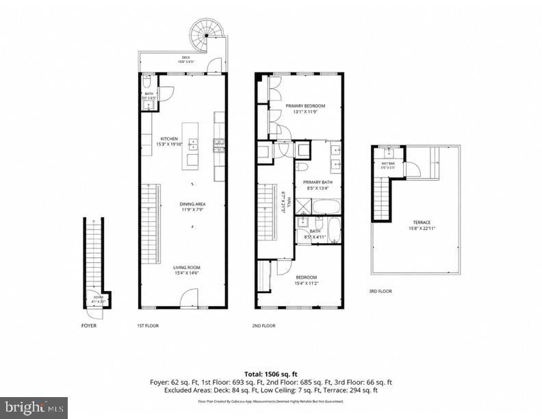 Multilevel floor plan with first-floor living spaces, second-floor bedrooms, and a third-floor terrace.