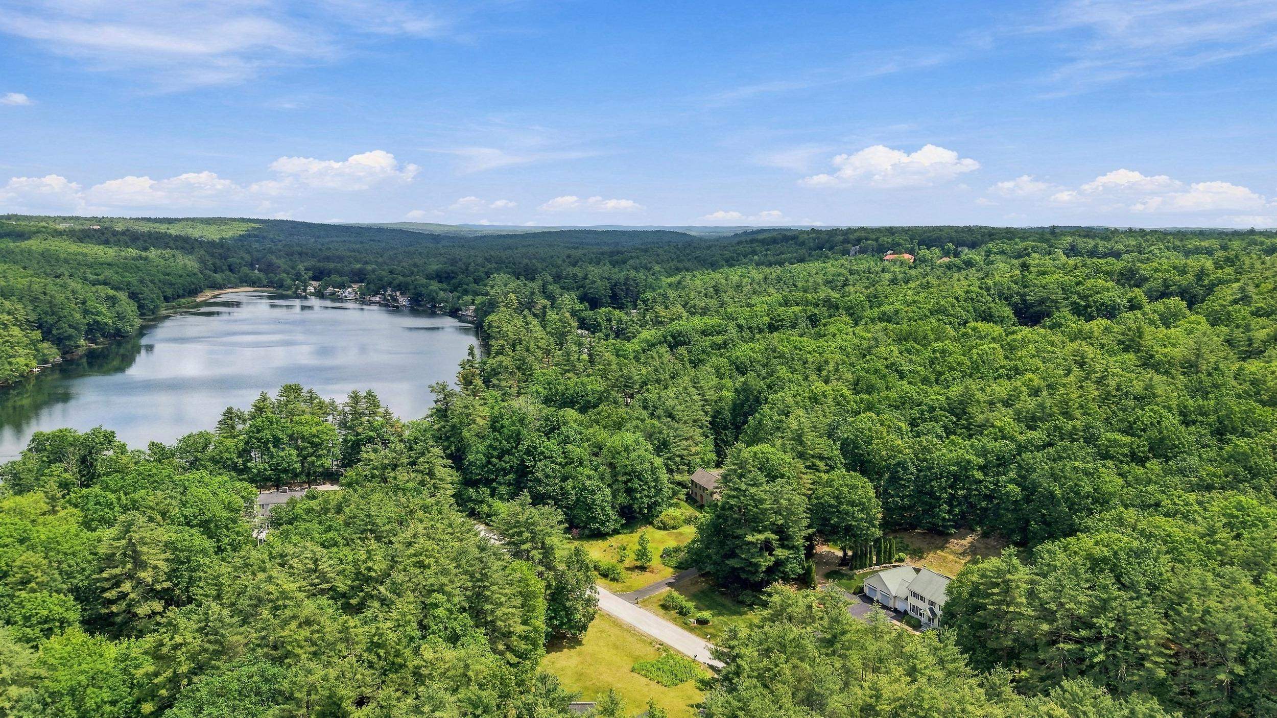 Aerial view of a wooded home near a lake and winding road.