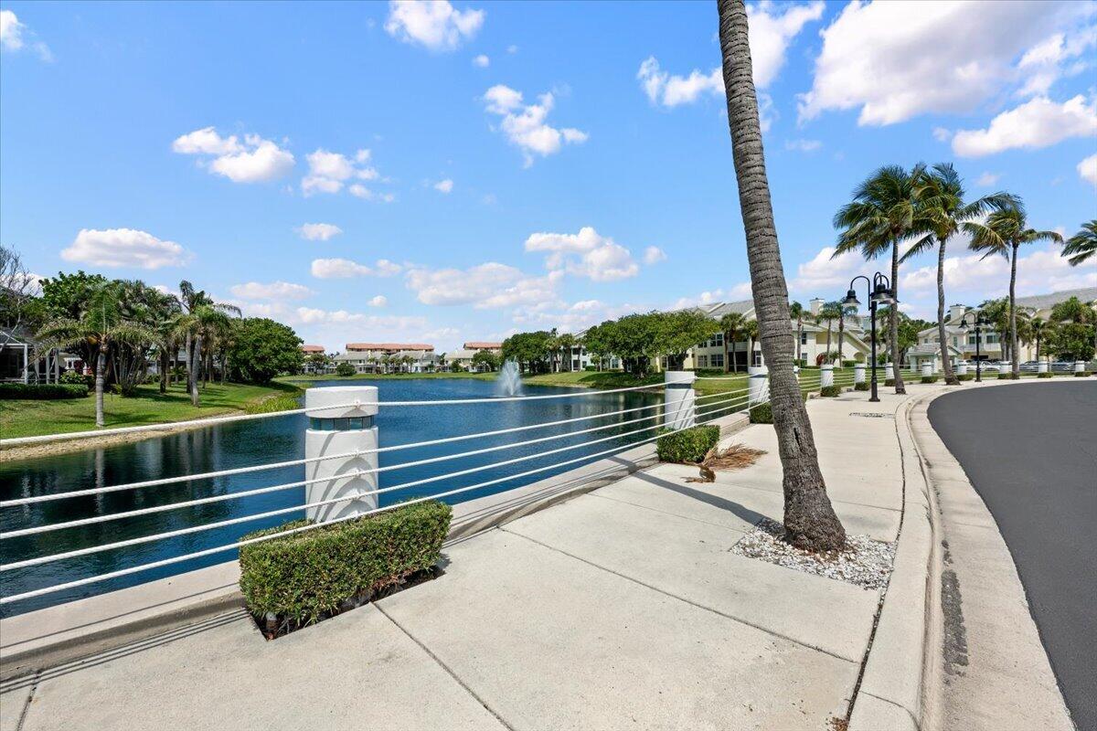 Waterfront community streetscape with a lake fountain, white railing, palm trees, and residences.