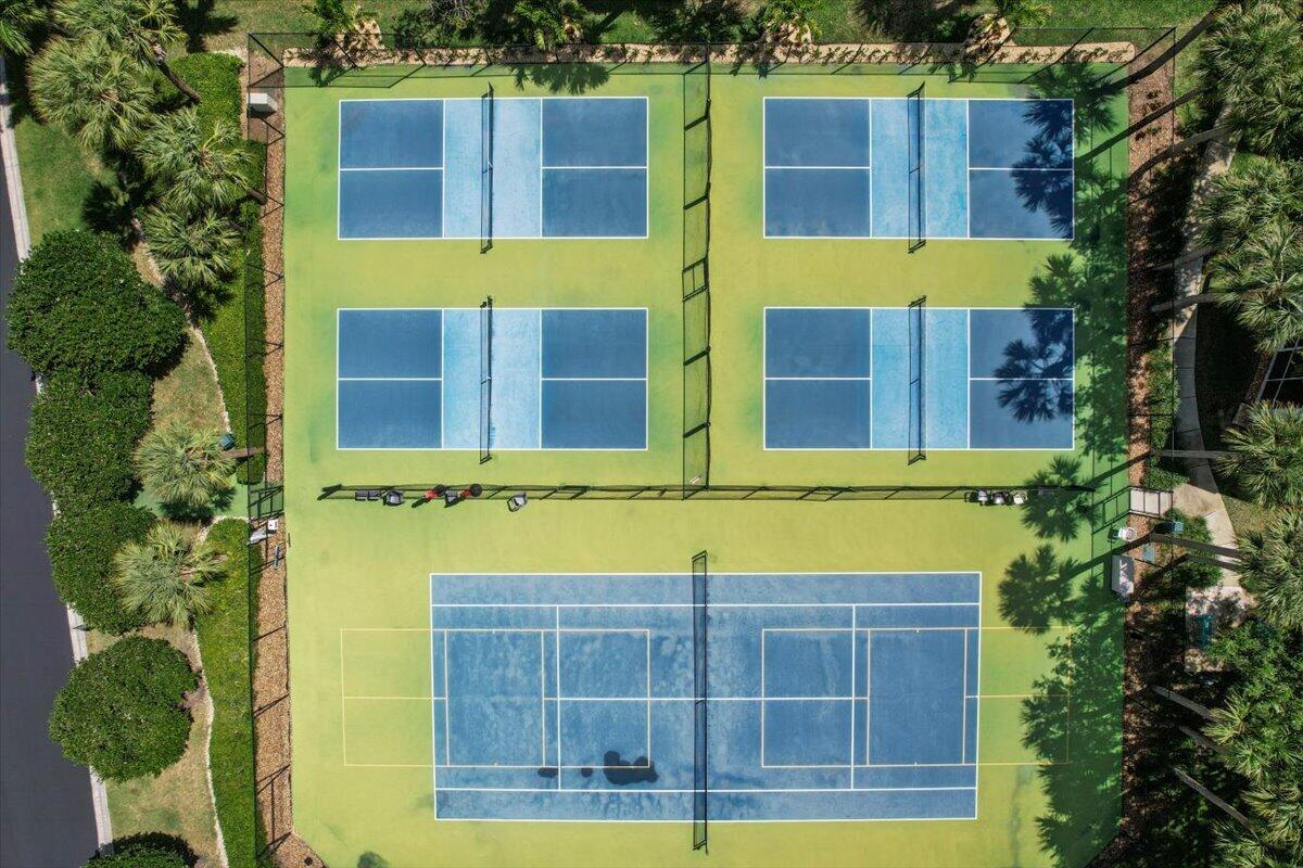 Aerial view of four pickleball courts and a tennis court among palm trees.