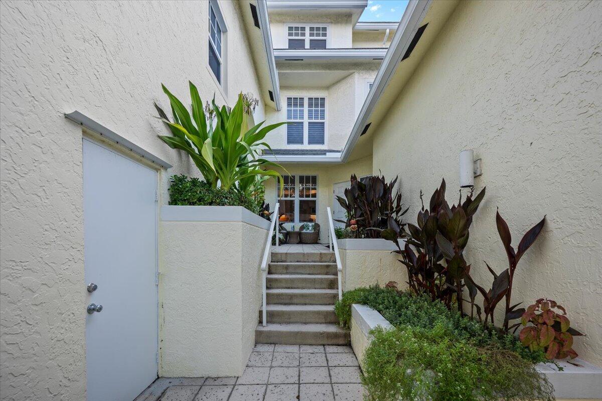 Courtyard entry with central steps, tropical planting, and a small patio seating area.