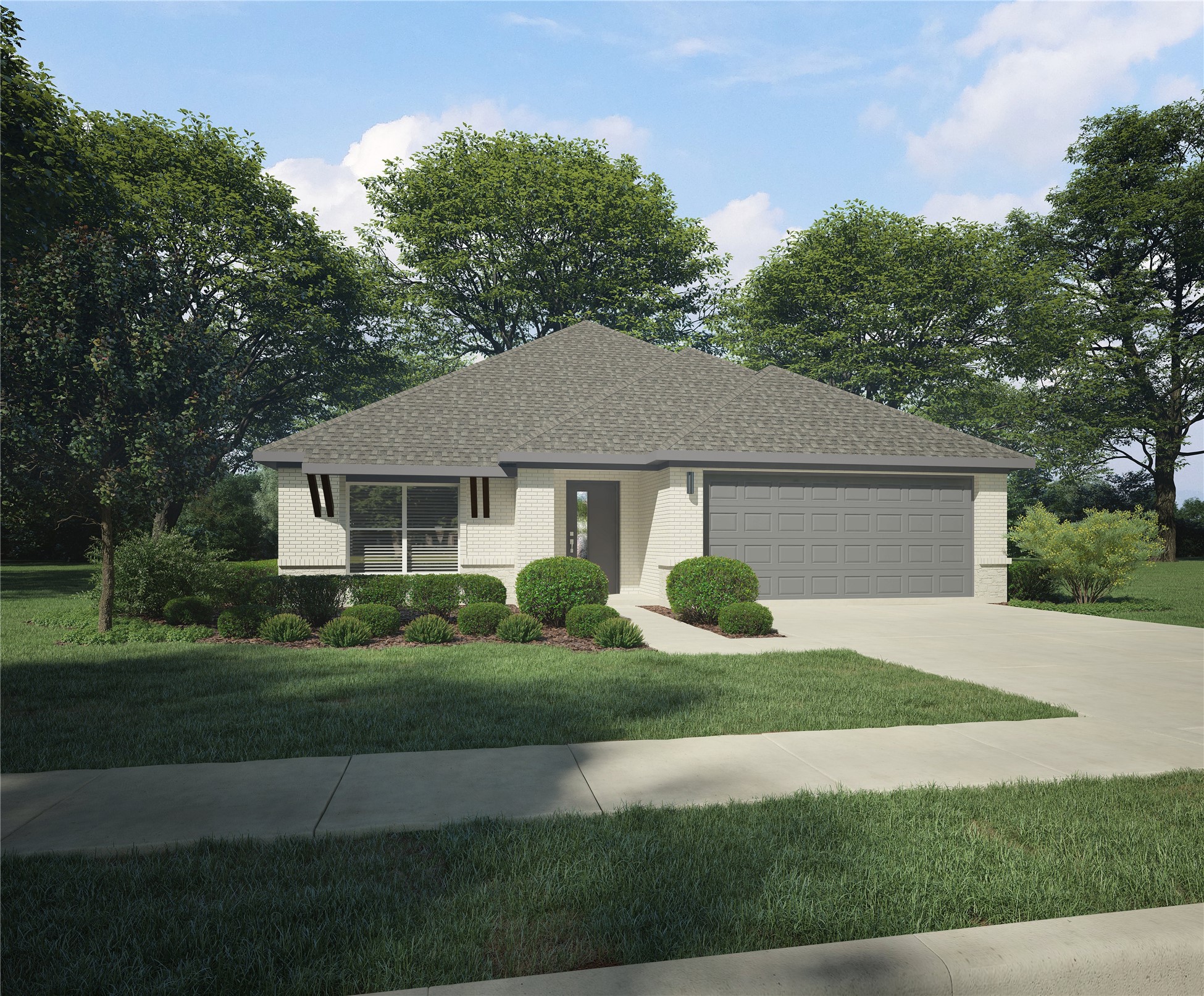 Single-story brick house with a gray roof, double garage, landscaped lawn, and broad driveway.