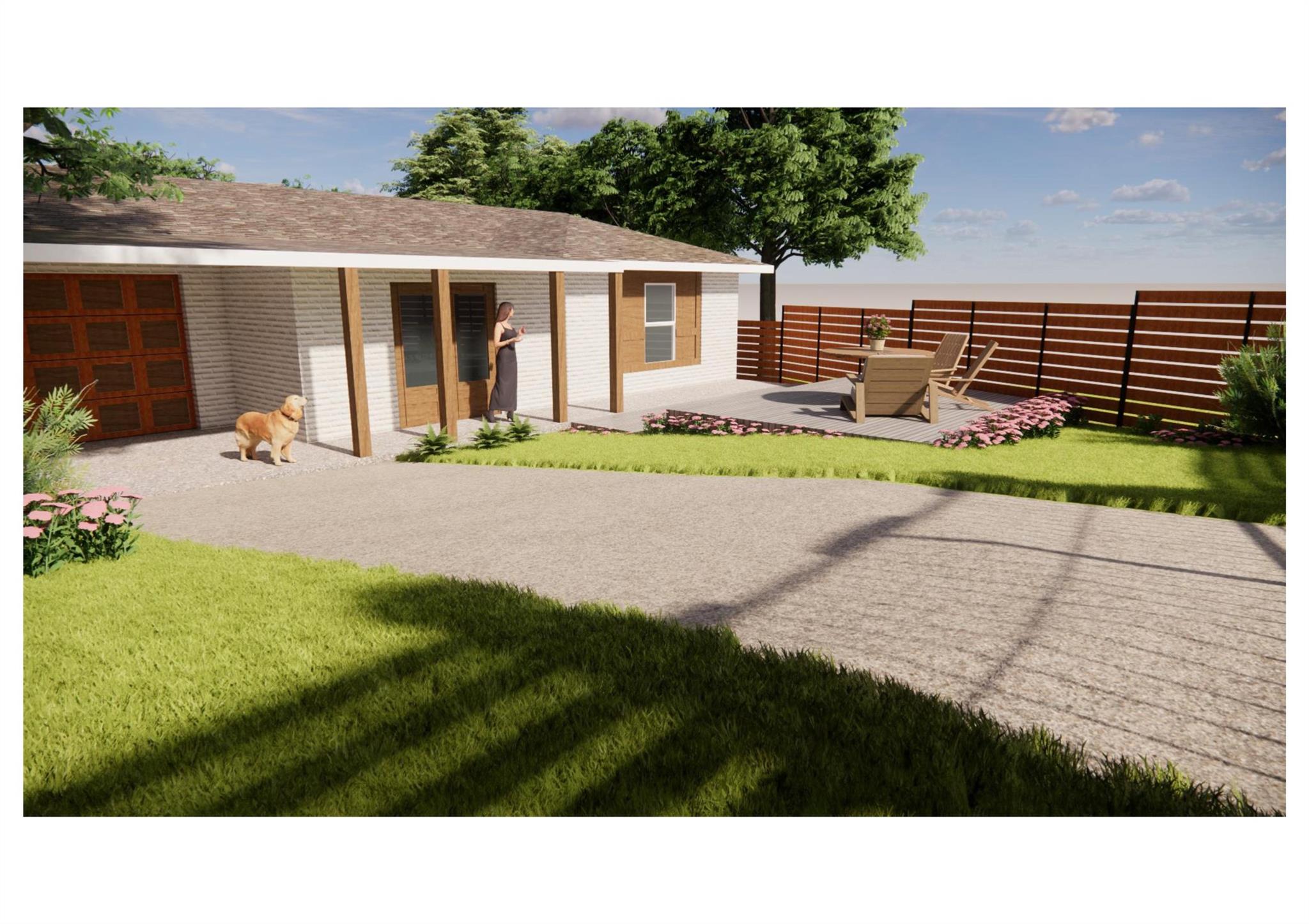 Single-story home with a fenced deck, outdoor seating, and flower beds.