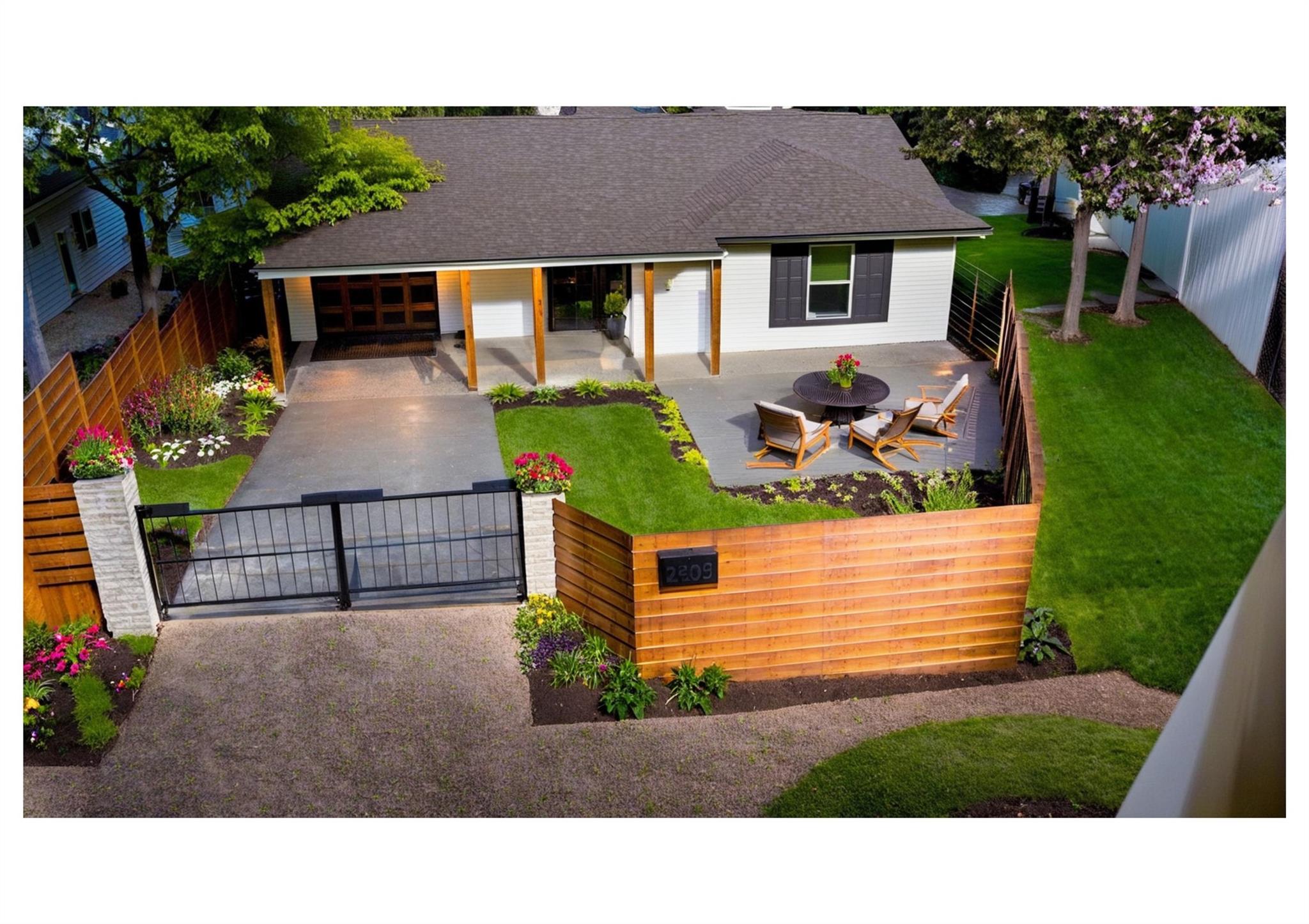 Single-story white house with a gated garden, wood fencing, and a furnished patio.